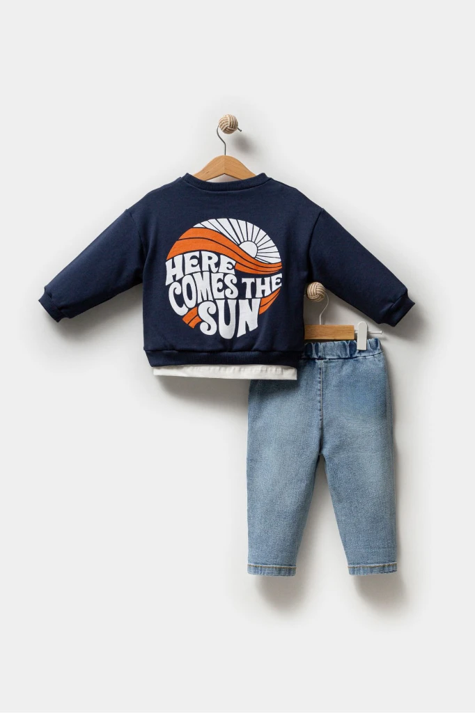 Baskılı Sweatshirt Kot Pantolon 3'lü Bebek Çocuk Takımı 9039 - LACİVERT