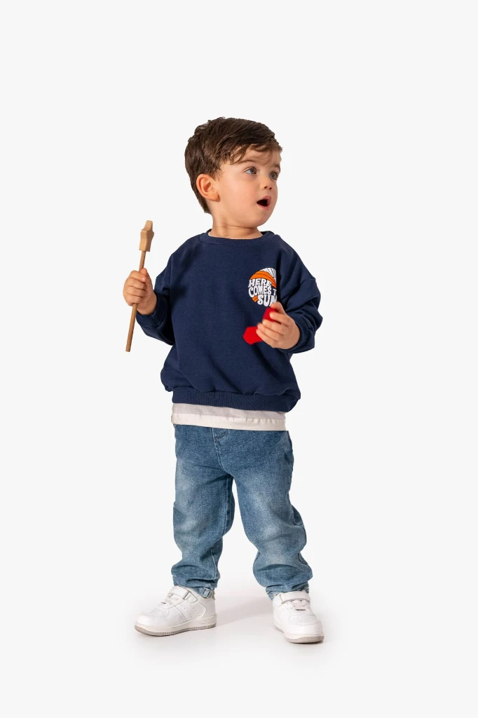 Baskılı Sweatshirt Kot Pantolon 3'lü Bebek Çocuk Takımı 9039 - LACİVERT