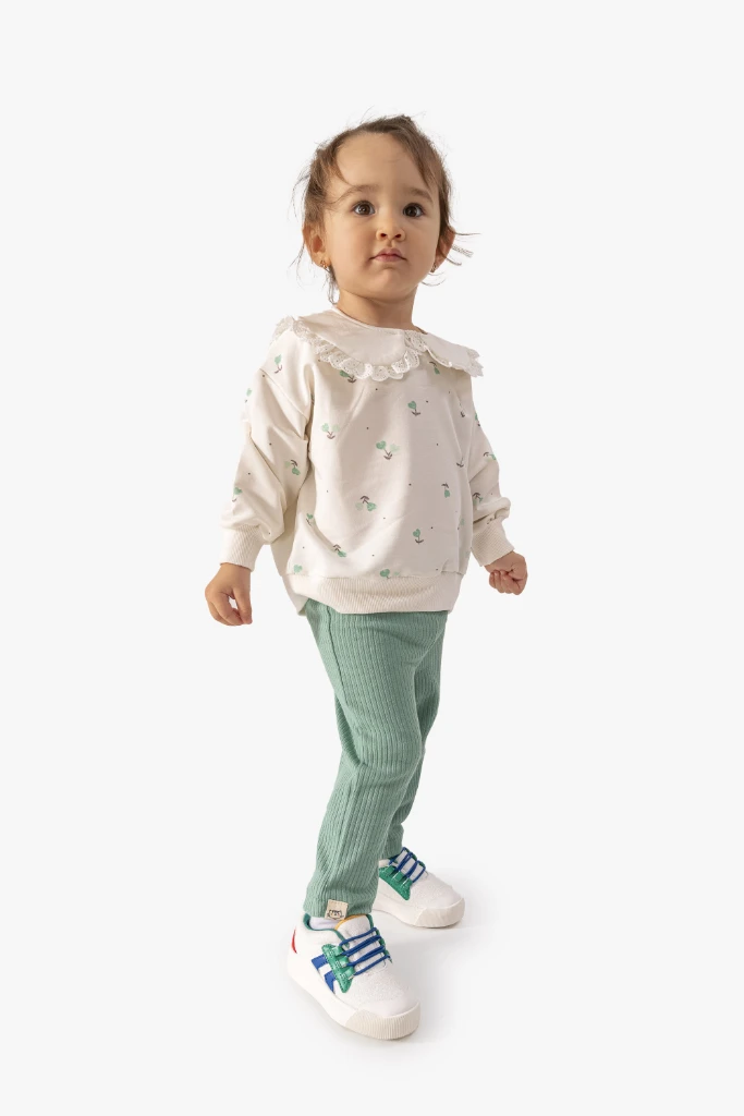 Kız Bebek Çiçek Desenli Sweatshirt Tayt 2'li Takım 9063 - YEŞİL