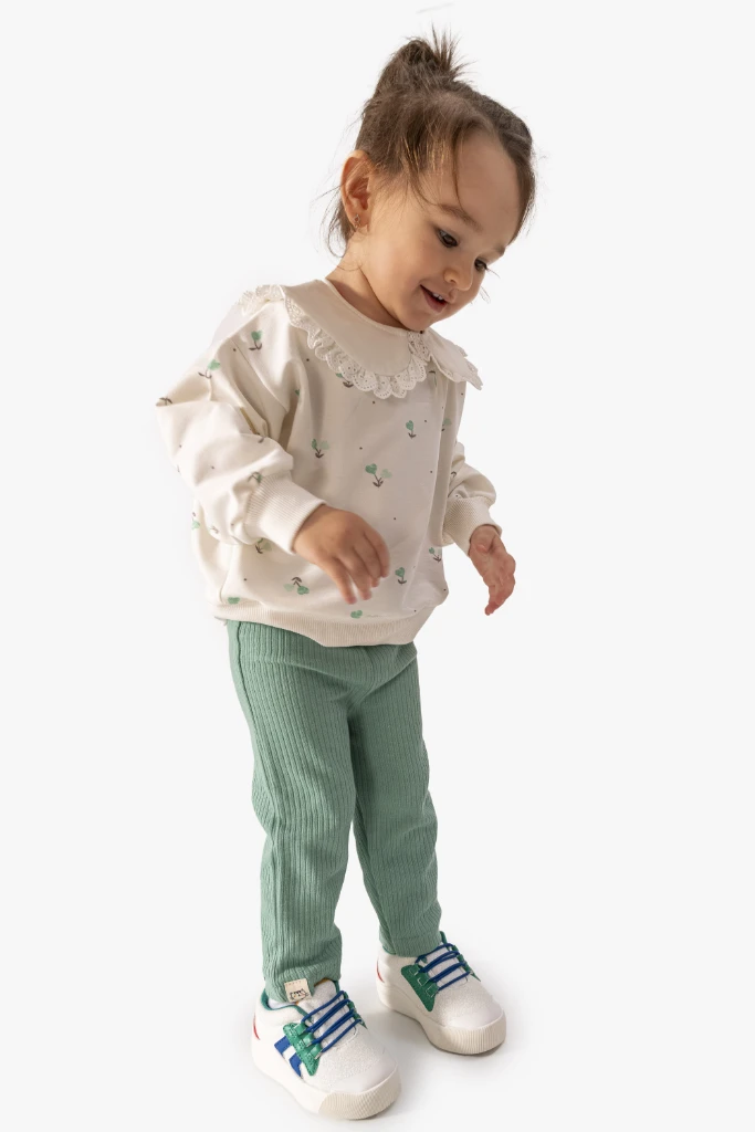 Kız Bebek Çiçek Desenli Sweatshirt Tayt 2'li Takım 9063 - YEŞİL