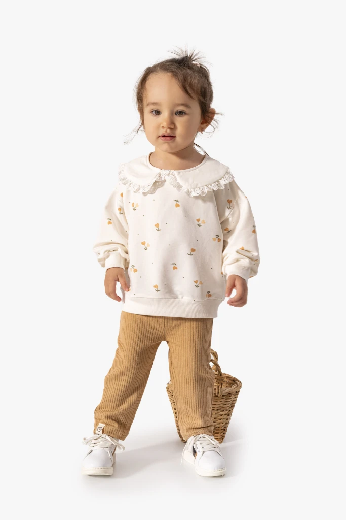 Kız Bebek Çiçek Desenli Sweatshirt Tayt 2'li Takım 9063 - KAHVERENGİ