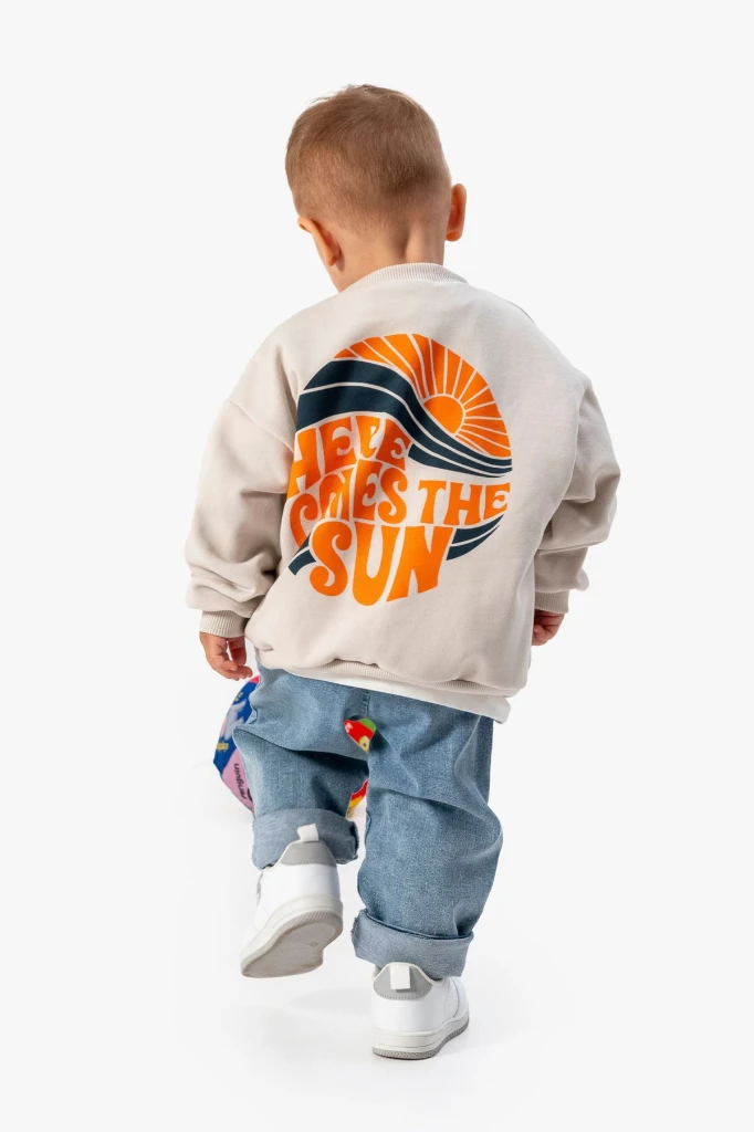 Baskılı Sweatshirt Kot Pantolon 3'lü Bebek Çocuk Takımı 9039 - GRİ