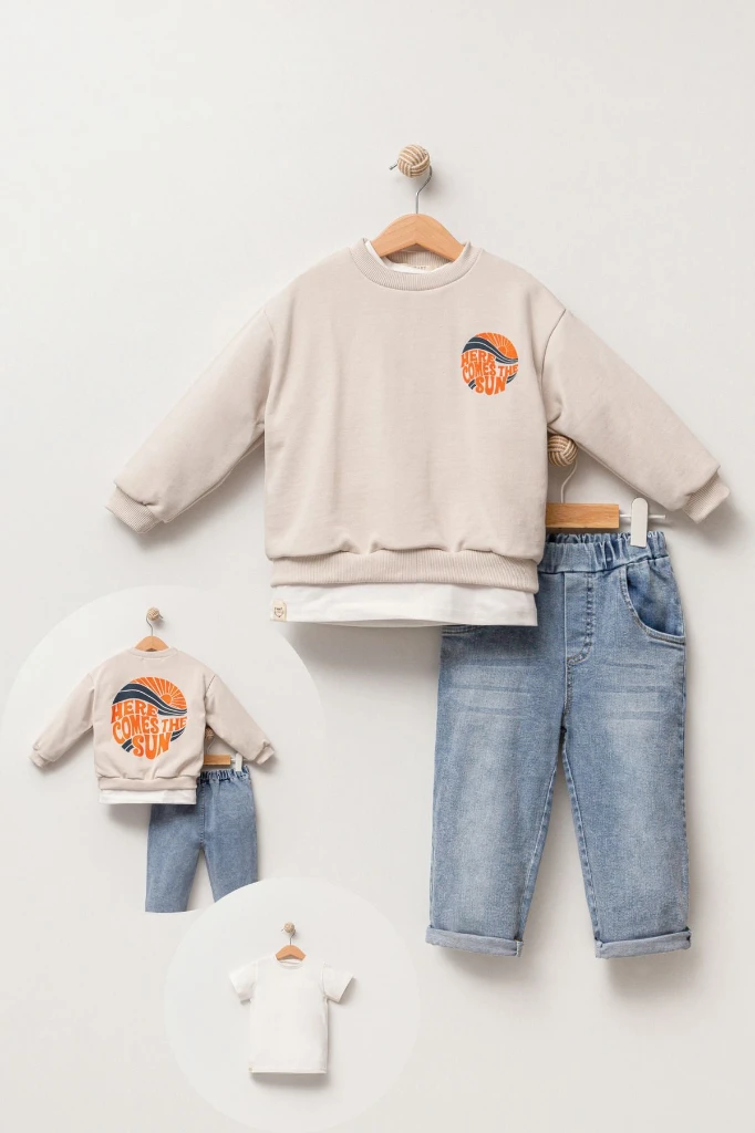 Baskılı Sweatshirt Kot Pantolon 3'lü Bebek Çocuk Takımı 9039 - GRİ