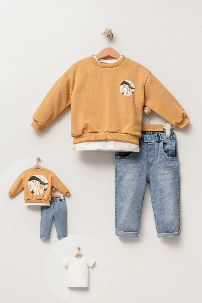 Baskılı Sweatshirt Kot Pantolon 3'lü Bebek Çocuk Takımı 9039 - HARDAL