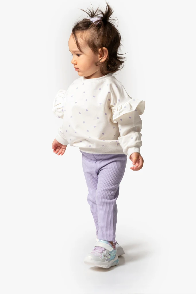 Kız Bebek Kalp Desenli Sweatshirt Tayt 2'li Takım 9037 - LİLA