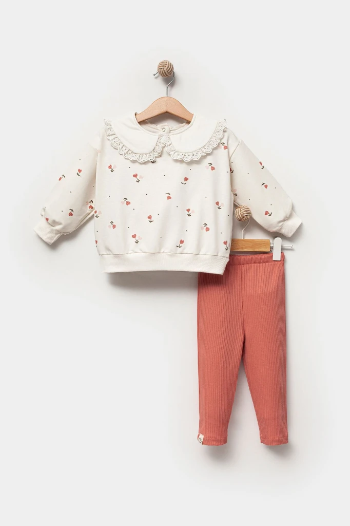 Kız Bebek Çiçek Desenli Sweatshirt Tayt 2'li Takım 9063 - GÜL KURUSU