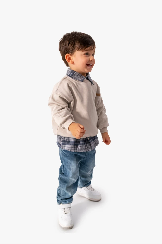 Erkek Bebek Gömlek Sweatshirt ve Kot Pantolon 3'lü Takım 9064 - GRİ