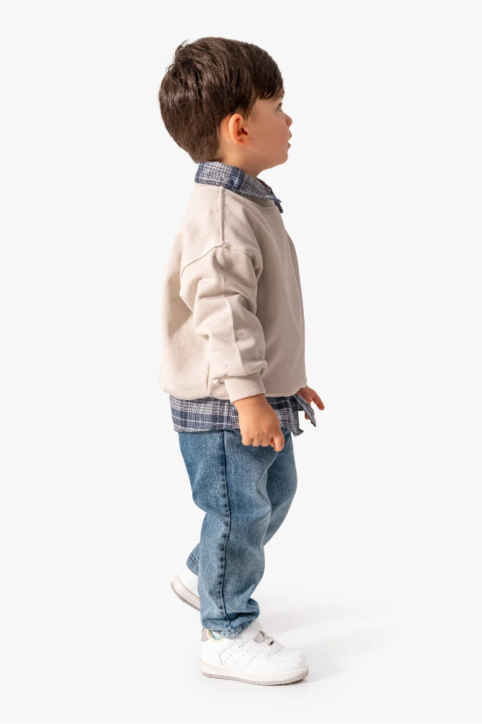 Erkek Bebek Gömlek Sweatshirt ve Kot Pantolon 3'lü Takım 9064 - GRİ
